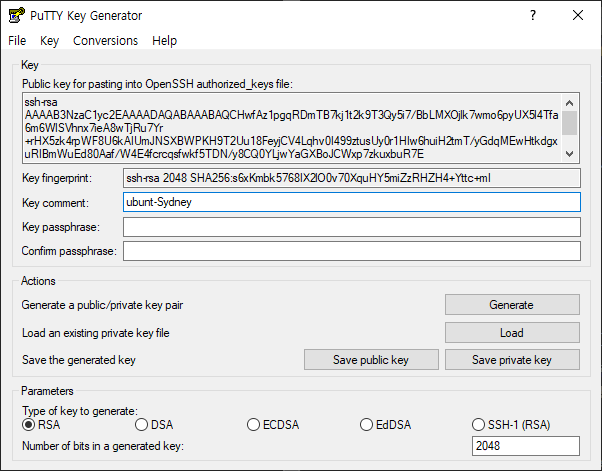 AWS EC2 우분투 vscode ssh로 접속 하기 PuTTY Key Generator - 푸티 키 변환기